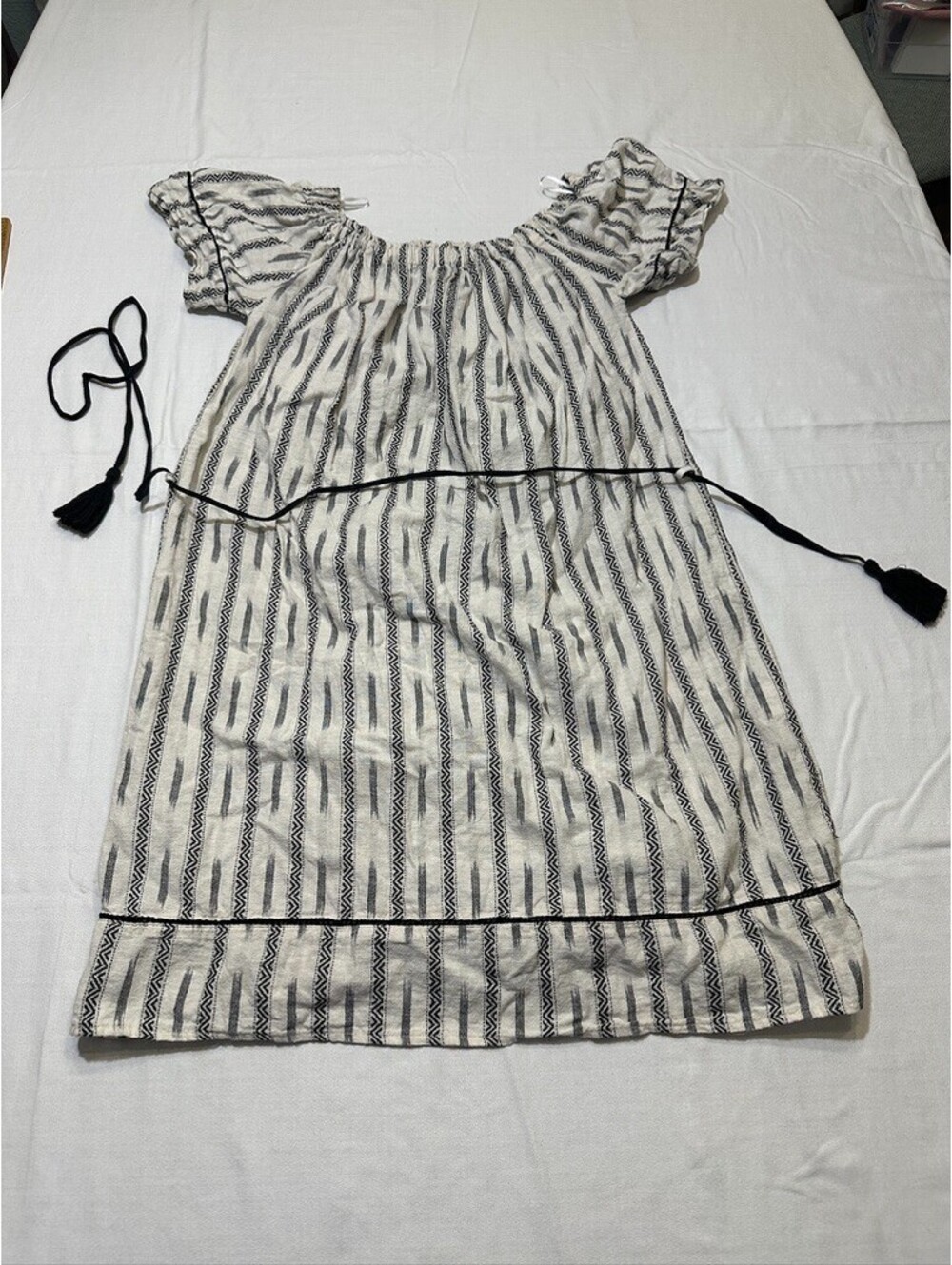Just Living Off Shoulder Dress S White Black Ikat Stripe Ruffle Sleeve Belted